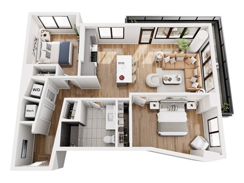 Floor plan for 2 beds, 1 bath, 845 sqft